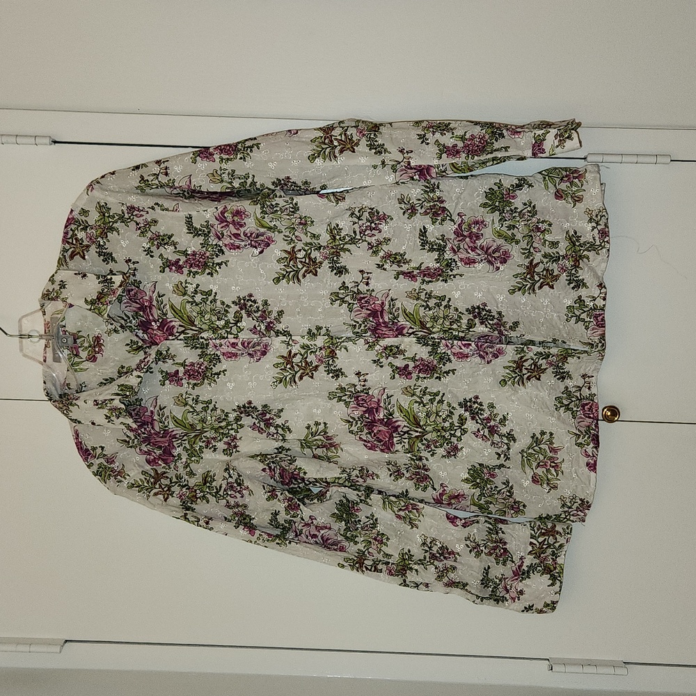 Pink lily floral white button down lace shirt